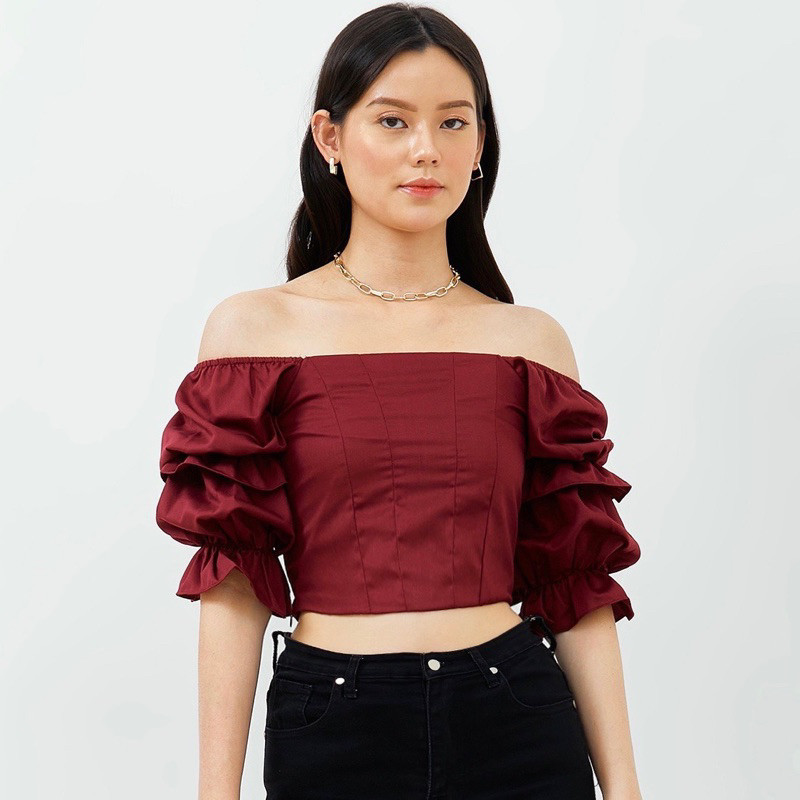 Matha Top Maroon S-4L / Atasan Wanita Sabrina off shoulders / Top Blouse Lengan Panjang Susun Balon/
