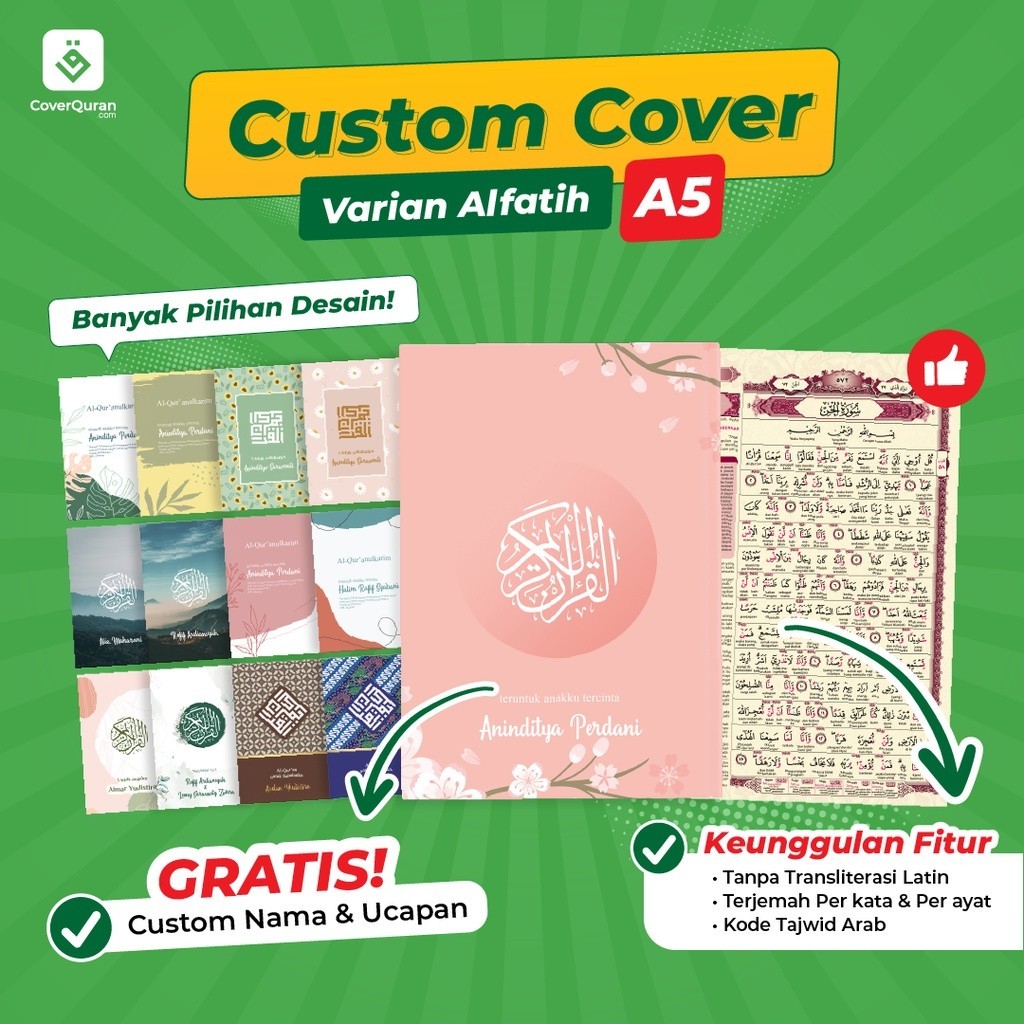 Al Quran CUSTOM NAMA COVER Terjemah Per kata Tajwid Arab Tanpa Takwil Rasm utsmani sedang ALFATIH A5