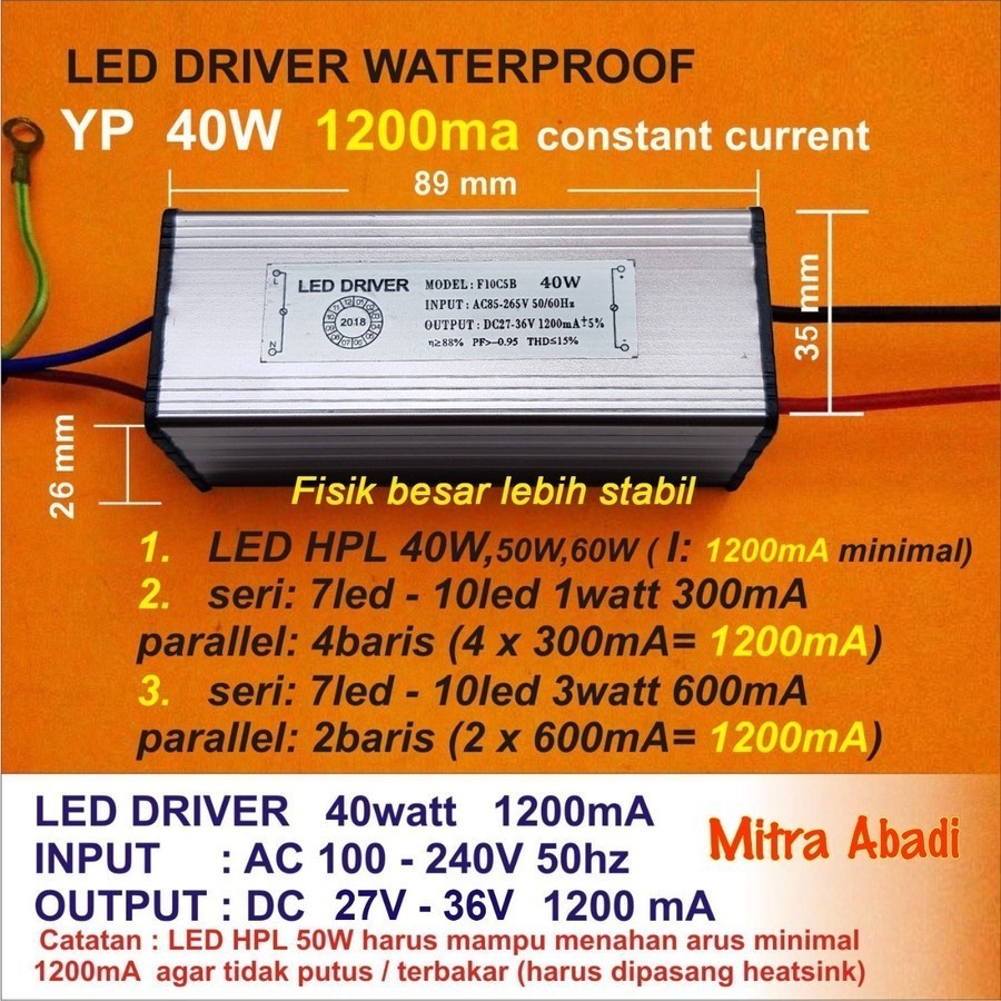 LED Driver 50 Watt 1200 mA Casing Besi WATERPROOF