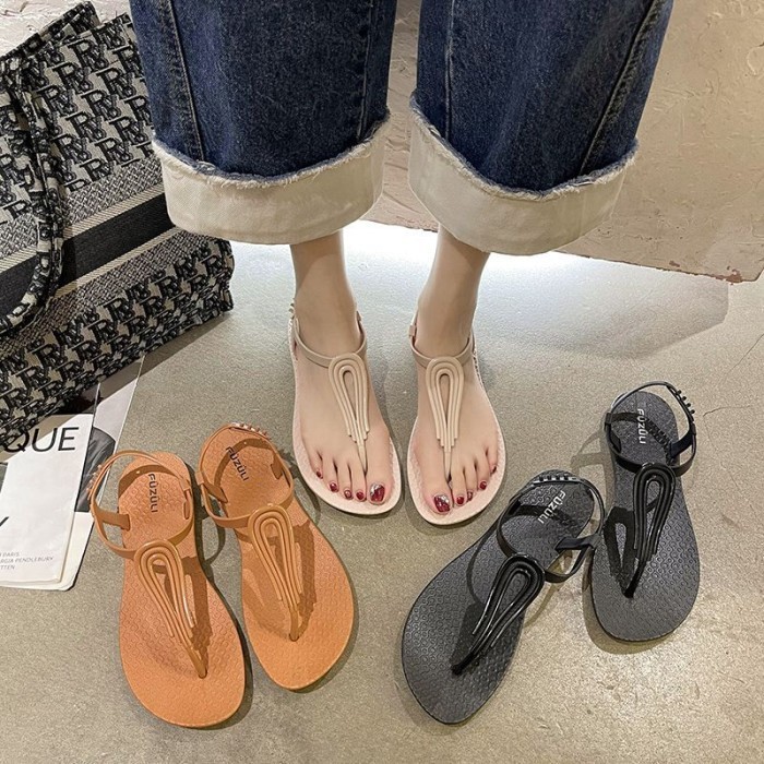 Sandal Jepit Tali Wanita TG1606 Sandal Pantai Bohemian Motif Ulir - hitam segitiga, 36-37