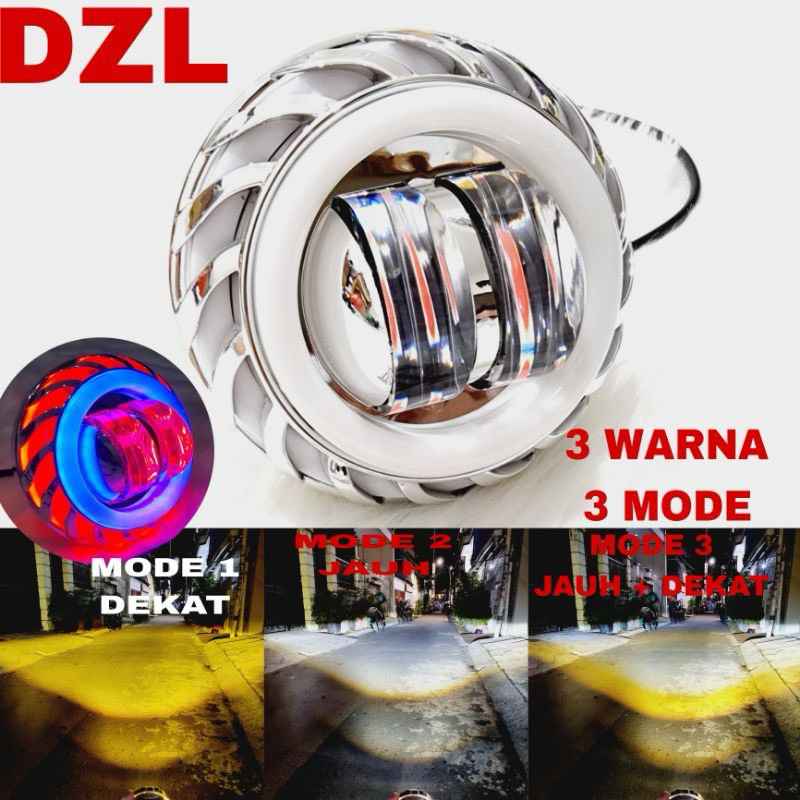 OBRAL Lampu Depan / Lampu Tembak Proji Daymaker Projie 2 Lensa Kombinasi Nyala 2 Warna Putih Kuning Kombinasi Nyala 2 Warna Putih Kuning DayMaker New Shroud Projie Biled 2 Lensa Universal Untuk Semua Motor Beat, Mio, Scoopy, Genio, lexi, Fino,