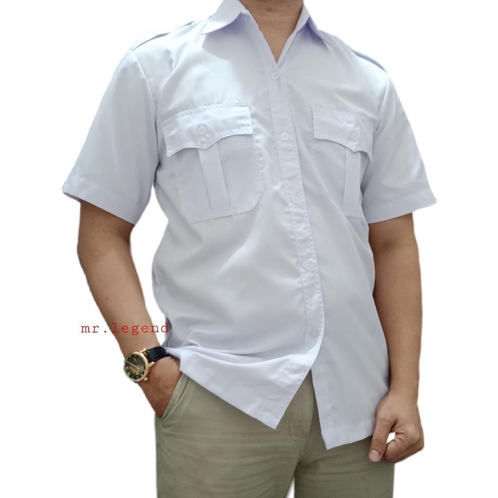 PROMO Kemeja Putih PNS Pria Saku dua, Atasan Hem PDH Lengan Pendek Pangkat