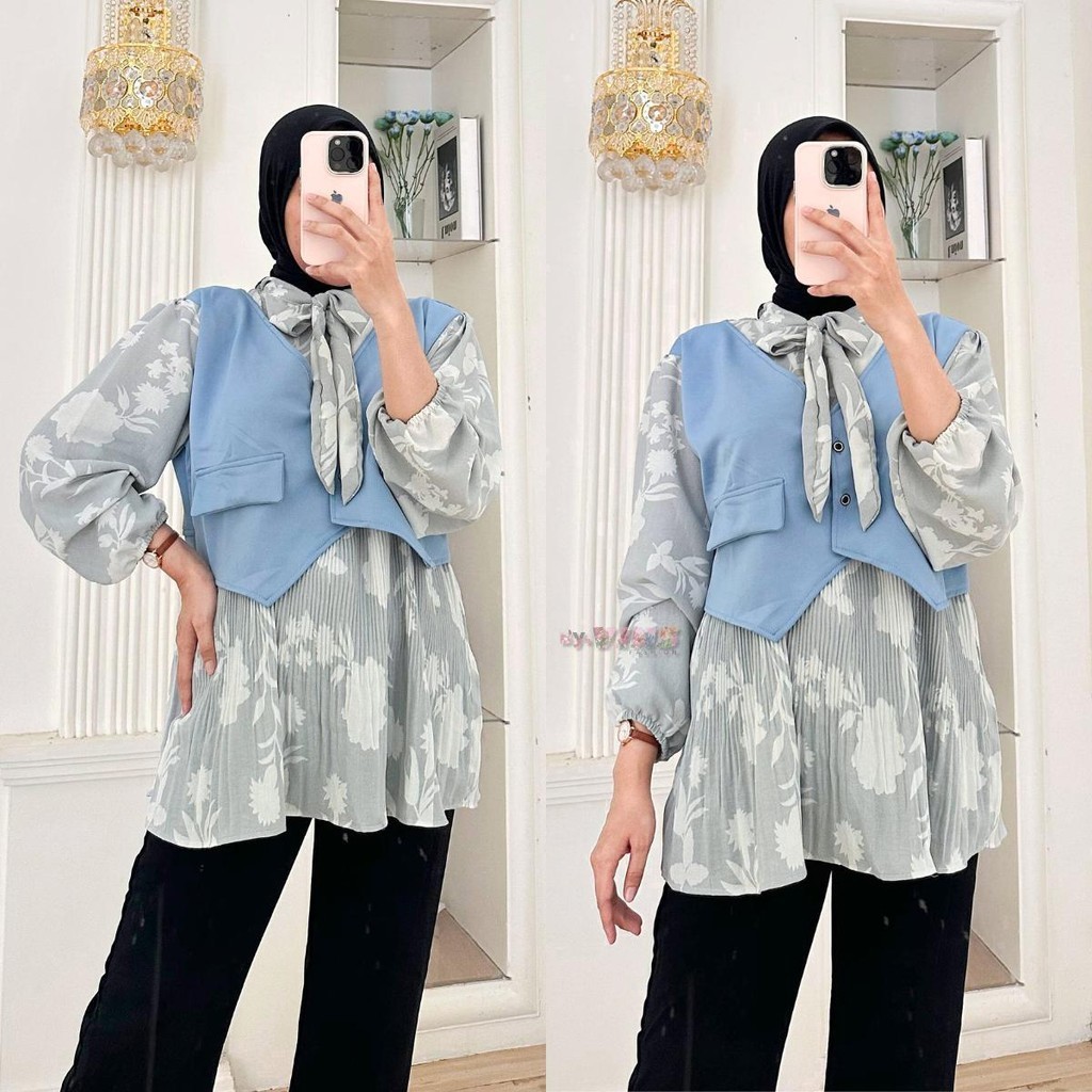 Ribyla Blouse rompi wanita lengan panjang motif bunga Import - Blouse Jumbo Standar - Kerah Pita - V
