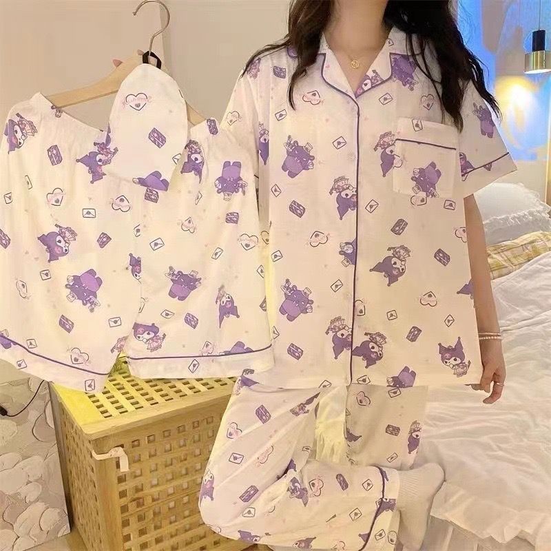 PP56 Baju Tidur 3in1 Bahan Kaos Piyama wanita karakter lucu