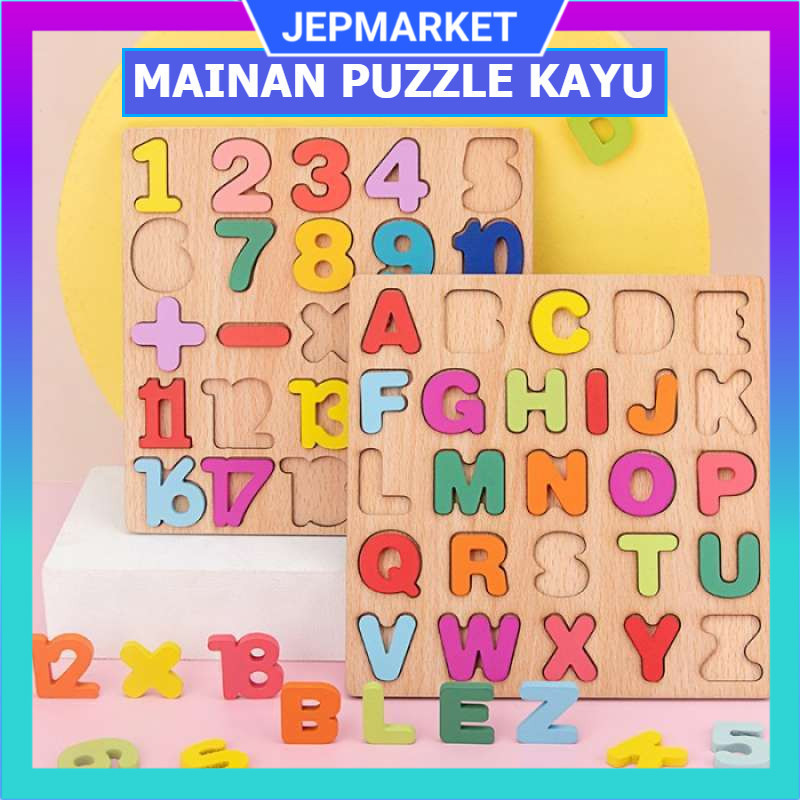 mainan anak puzzle kayu huruf angka bentuk warna asah otak belajar /  Mainan Anak Puzzle Timbul Kayu