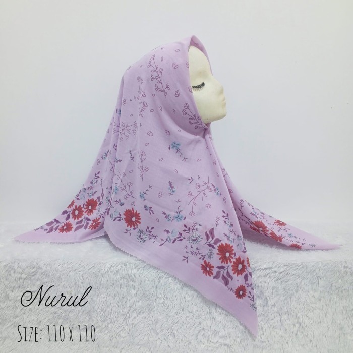 Hijab (Nurul) jilbab segiempat motif lilac ungu muda voal premium