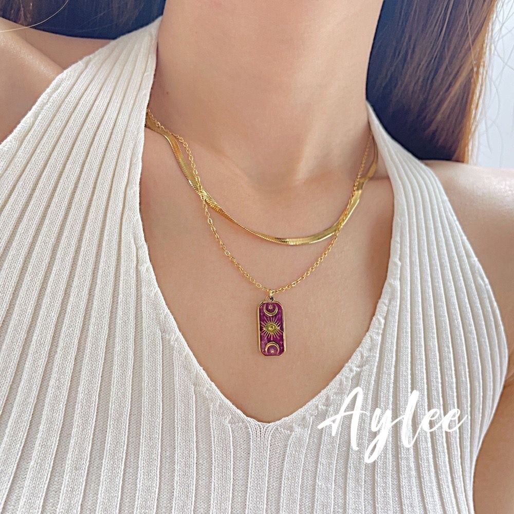 【Aylee】Kalung Liontin Bintang  Bulan  Mata Iblis Kalung Emas Bertumpuk Ganda Tetesan Minyak Ungu Y58