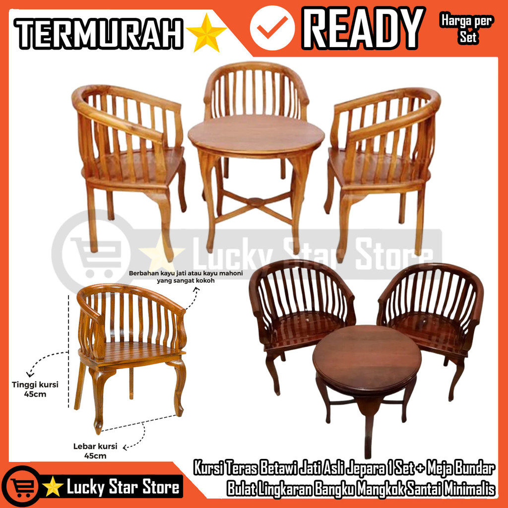 Kursi Teras Tamu Betawi 1 Set + Meja Bulat Lingkaran Jati Asli Jepara  Mangkok Bundar Bangku Santai 
