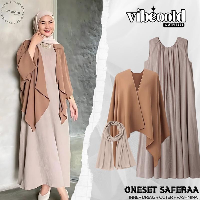 Saferaa Outfit Set Wanita Hijab ( Inner Dress Panjang + Long Outer + Pashmina ) Setelan Ramadhan | O