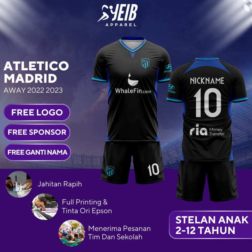 JERSEY BOLA ANAK LAKI LAKI ATLETICO MADRID AWAY 2022-2023 LA LIGA FULL PRINTING JERSEY BOLA ORIGINAL