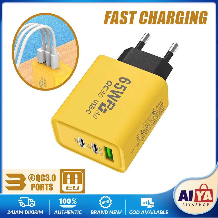 Charger Dual Type C & Usb Kepala Charger Fast Charger Charging 65W Adaptor Charger Iphone Oppo Samsu