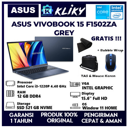 Laptop Kerja Asus Vivobook 15 F1502ZA Intel Core i3 Gen 12 Terbaru Ram 12GB ssd 512 GB Grey