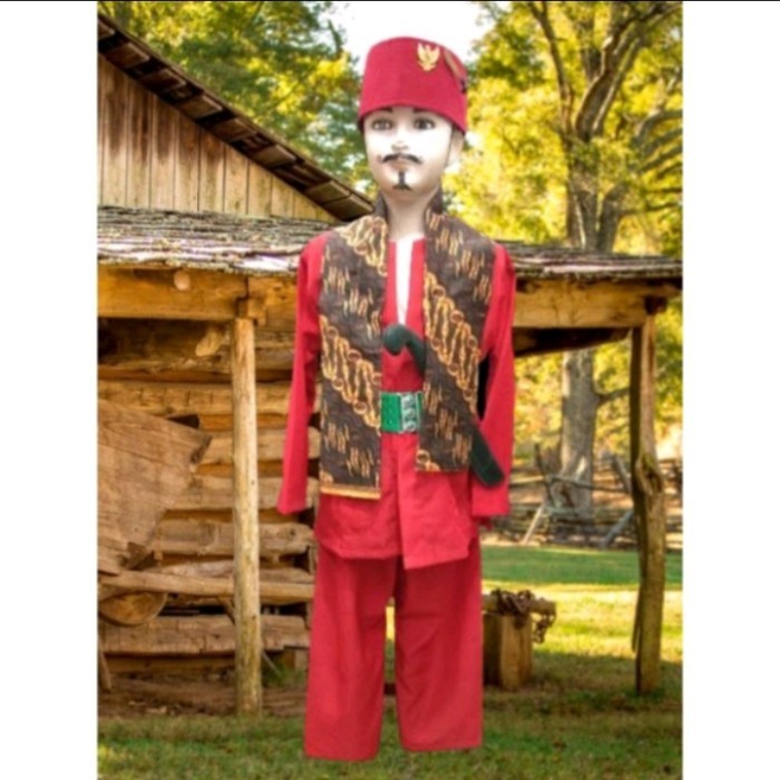 promo ✨ -baju Betawi pangsi Betawi (baju+celana+peci+sabuk+golok+pin+selendang) - maroon, S