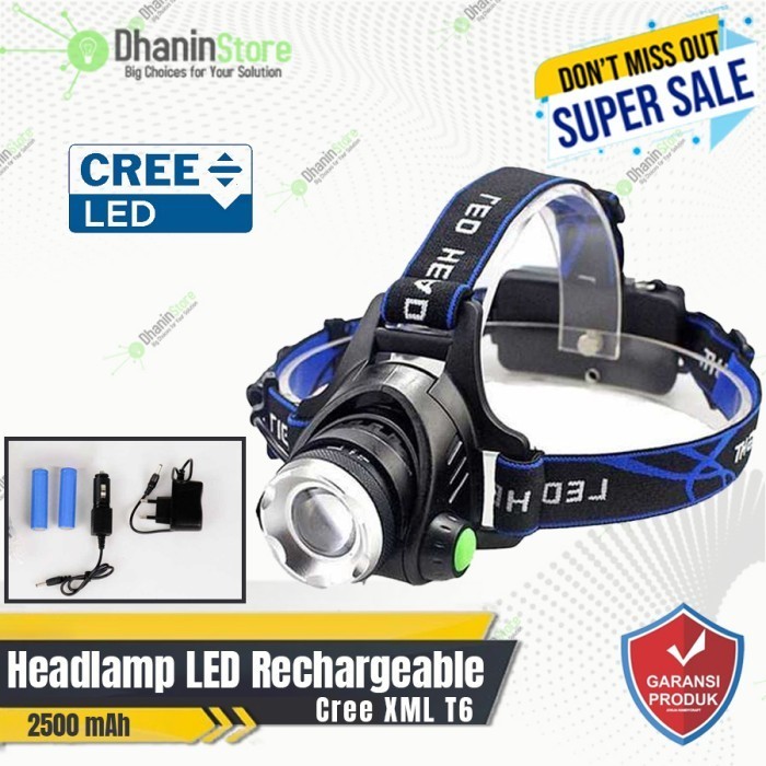 Lampu Senter Led Kepala Headlamp Flashlight Cas Rechargeable Cree XML T6 Super Terang Tahan Lama