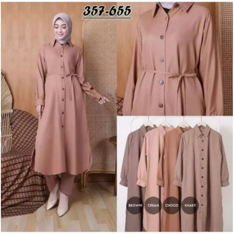Baju Long Dress Kemeja Tunik Wanita Muslim Jumbo Remaja Terbaru 2021 Polos Tali Pinggang By Zam/ GAM