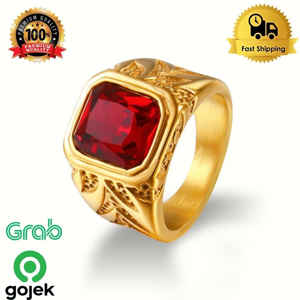 Cincin batu pria emas merah kristal red ruby garnet cincin mafia , cincin batu / cincin pria / cinci