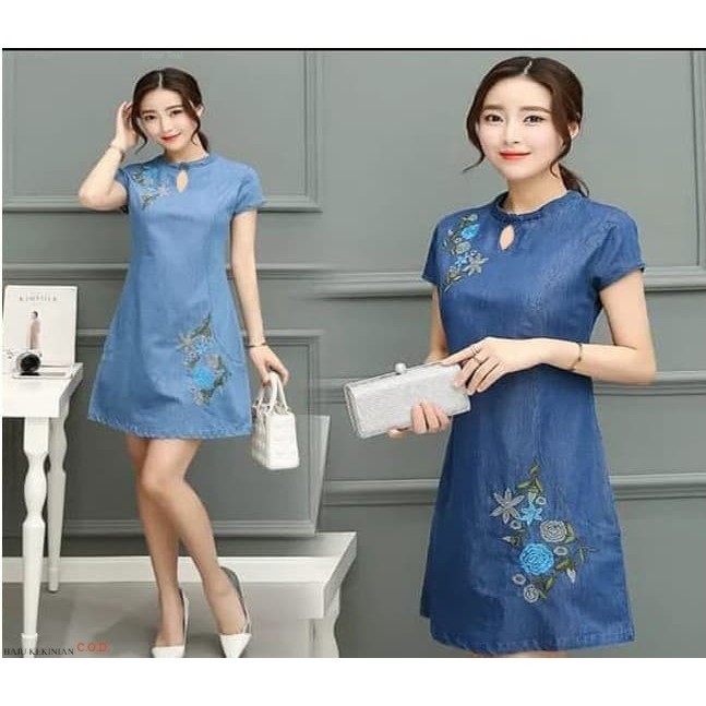Baju Dress flower denim bordir RO Dress Wanita denim bordir Kekinian