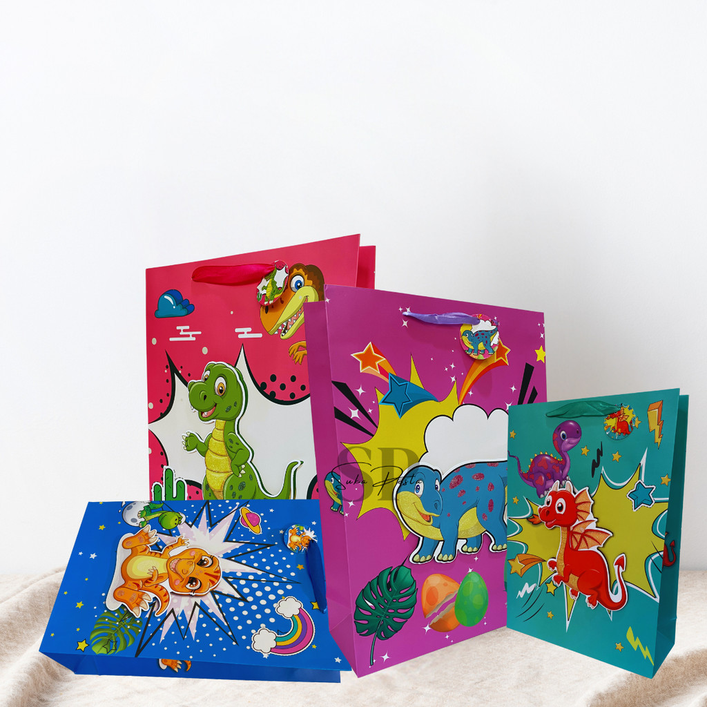 

Paper Bag Ultah Kado Dino 3D Glitter / Tas Kado Ultah Anak / Goodie Bag