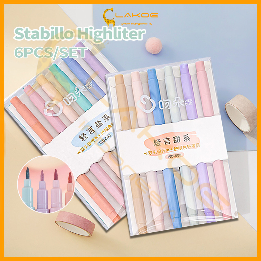 

LAKOE 6pcs Stabilo Warna Warni Highlighter Pen double tip/ Alat Tulis Kantor