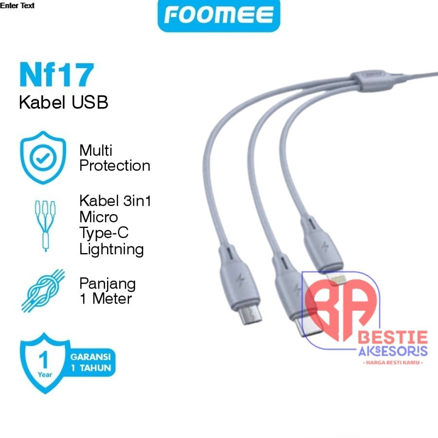 Foomee NF17 Kabel 3 in 1 Micro USB Type C Lighting Fast Charging ORIGINAL FOOMEE