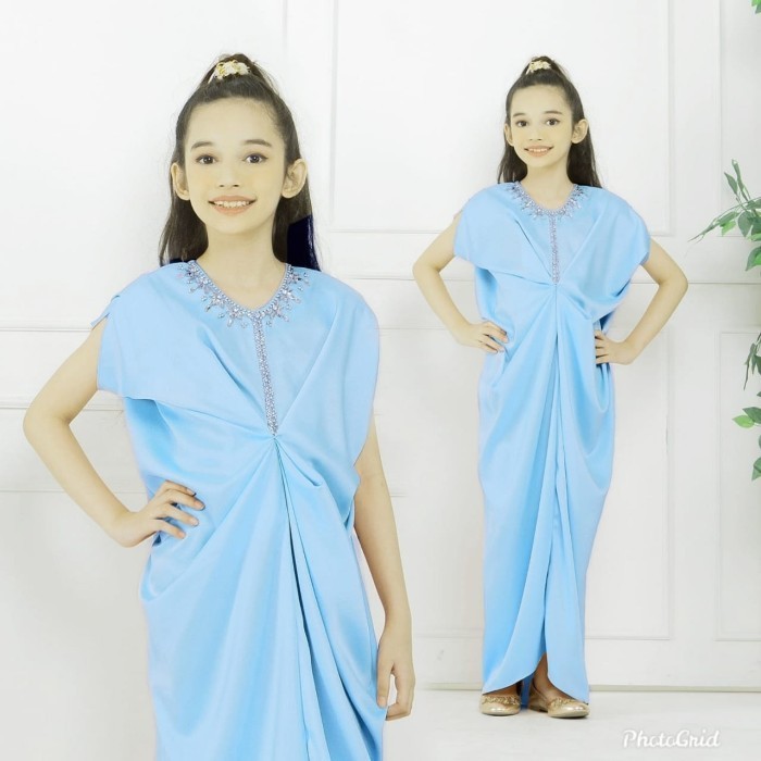 kaftan anak Trisna baby blue baju pesta lebaran cantik murah