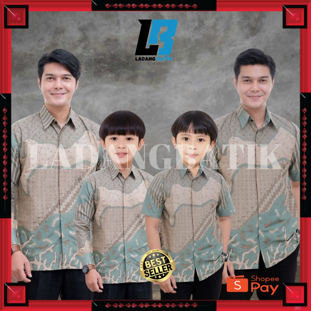 [PREMIUM ORIGINAL] Couple Kemeja Batik Ayah Anak Laki laki Motif INARA SAGE Warna Hijau Sage Mint Gr