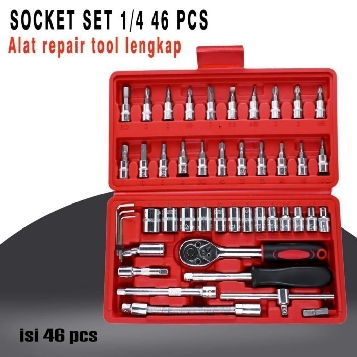 Set Kunci Sok Shock 46 PCS IN 1 SET 46in1 Socket 1/4 " TOOL KIT Lengkap Kunci Pas Ring Motor Mobil Obeng Hex Set Reparasi Shun Da SOCKET WRENCH