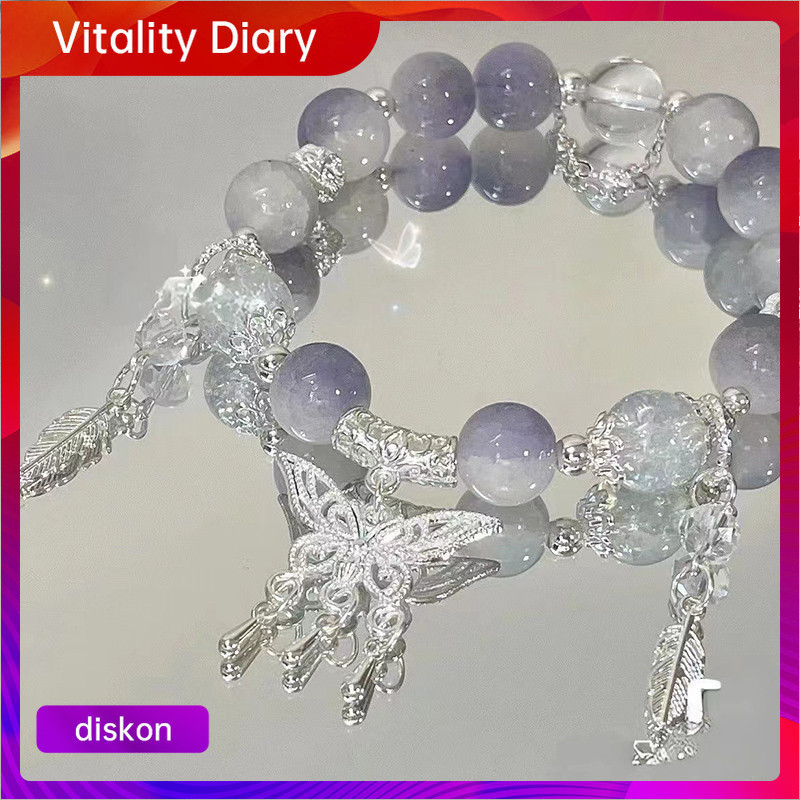COD❤️ Gelang Manik Manik Aesthetic Ungu Batu Alam Original Ceruk Wanita Liontin Kupu-kupu Silver Tal