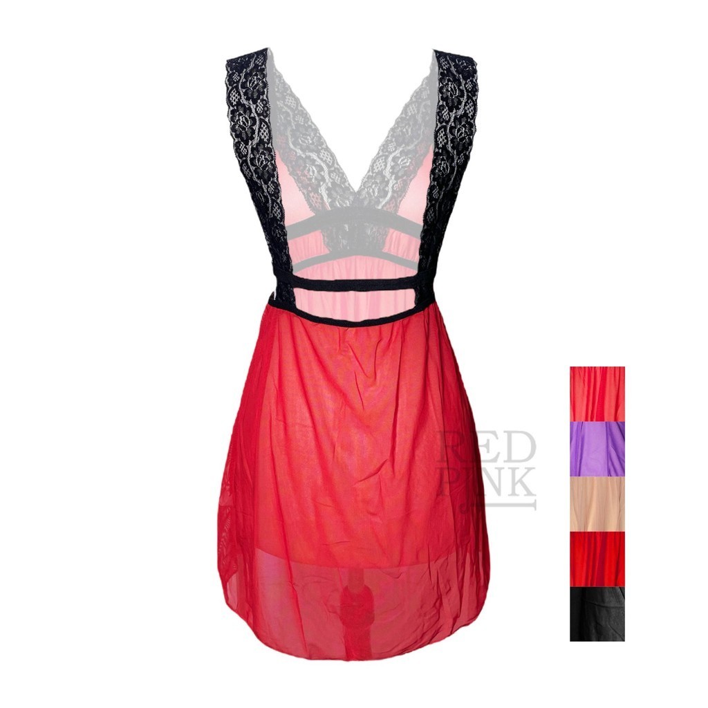 [ RedPink ] Dress Lingerie Big Size Gaun Malam Transparan Women Girl Dewasa Cutting Renda Black