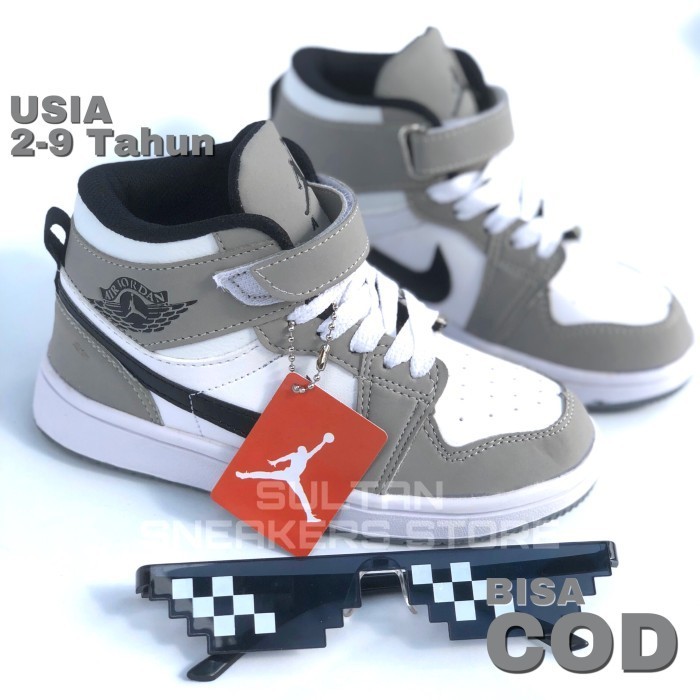 ✨NEW✨ -SEPATU SNEAKERS ANAK SULTAN JORDAN UMUR 2 - 9 TAHUN BERKUALITAS IMPOR - ABU PUTIH, 26
