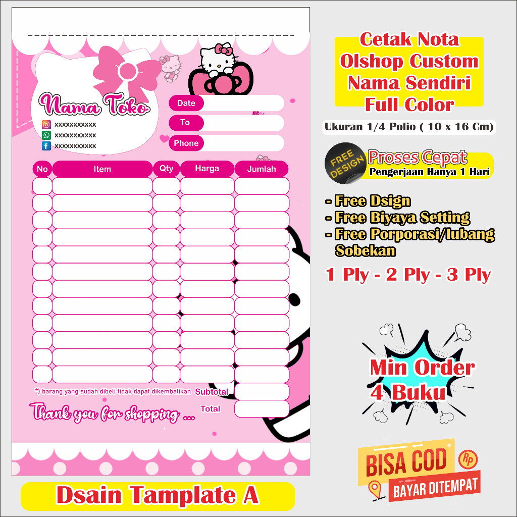 

nota olshop karakter nama sendiri ukuran 1/4 polio nota olshop custom nota aesthetic GANESA GRAFIKA