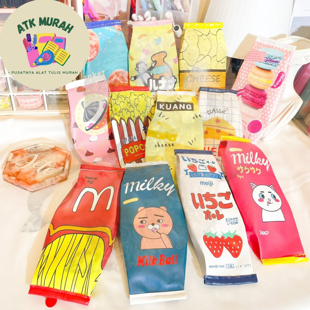 

Kotak Pensil gambar makanan motif snack fruit popcorn chips cheese milk macaroon Tempat alat tulis sekolah pencil case food stationery