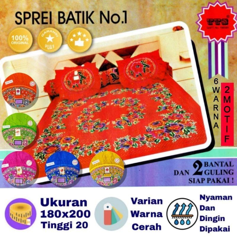 Sprei Batik TTS 180 x 200 Tinggi 20cm Set Sarung Bantal Guling Katun Halus Seprei 180x200x20 Ukuran 