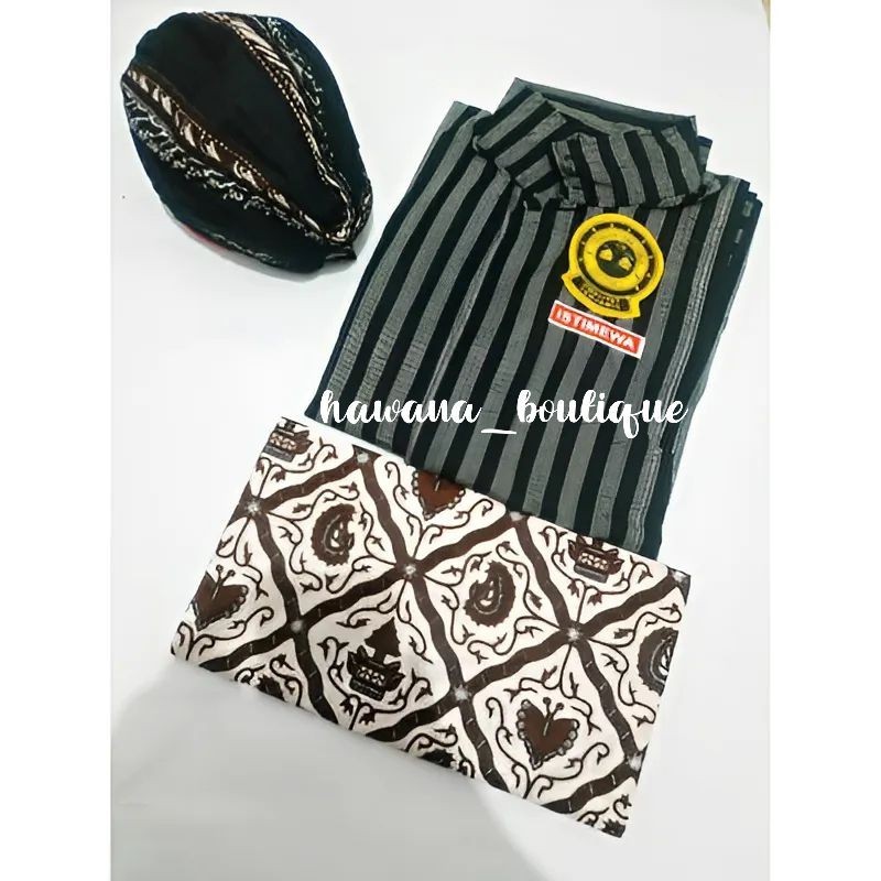 Atasan Lurik Paket Surjan Lurik Abu Hitam + Blangkon Lipat + Jarik Batik Motif Sidomukti || Setelan 