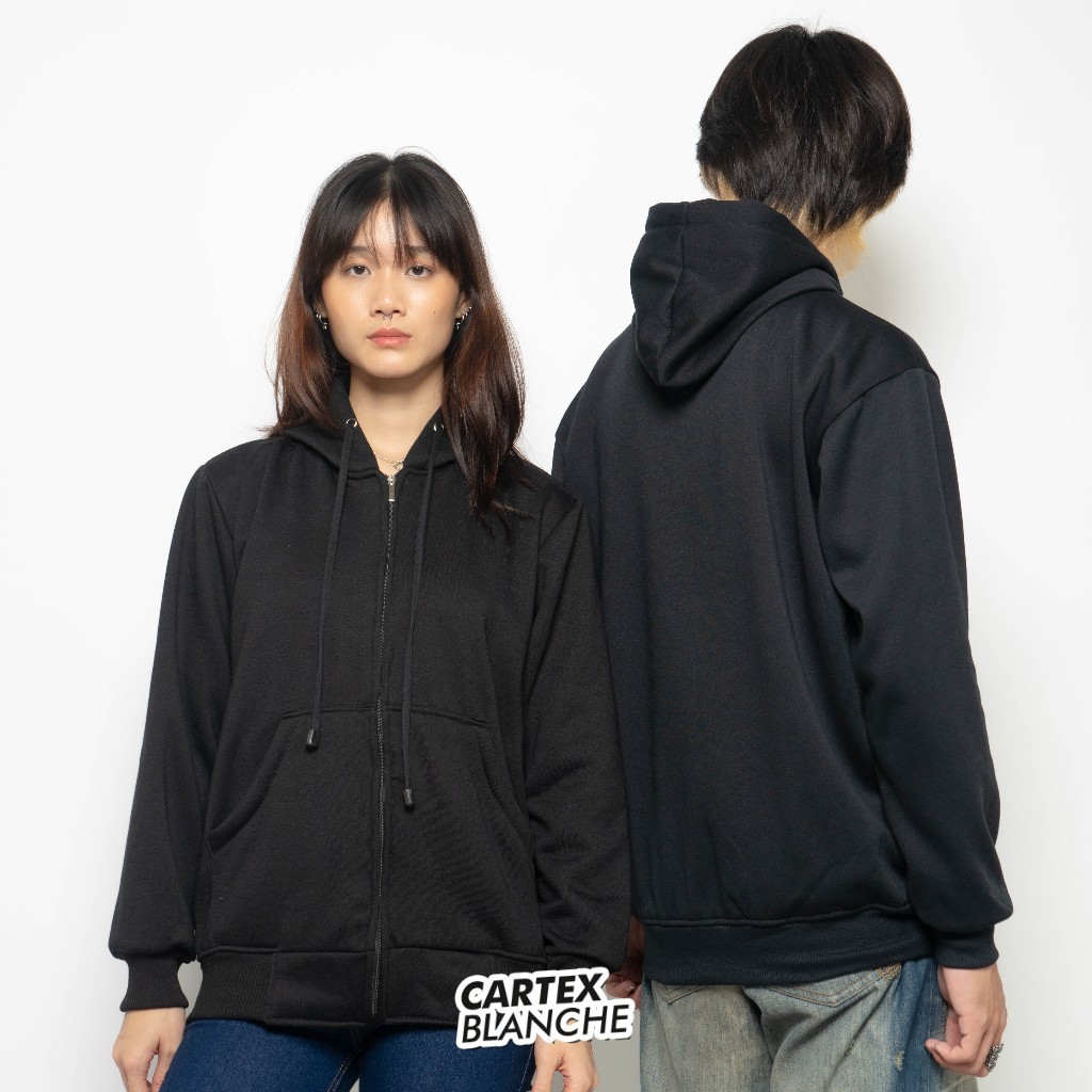 CARTEXBLANCHE - Hitam Polos Jaket Hoodie Zipper Unisex Pria - Wanita Size M - XXL// JAKET PARASUT /J