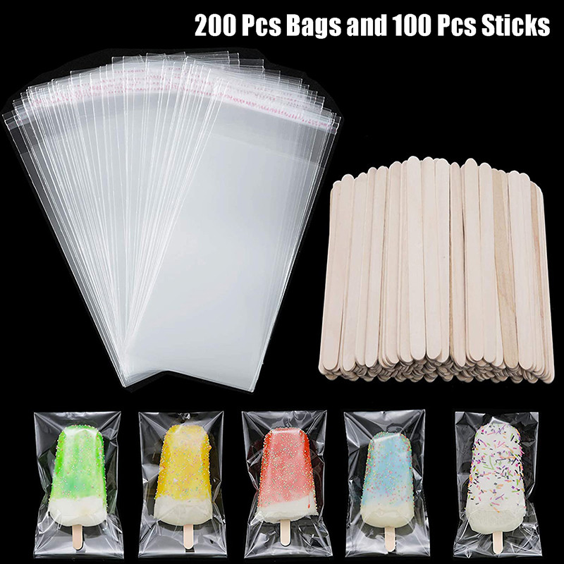 

300 Pcs Popsicle Sticks and Pop Bags Set Ice Cream Clear Plastic Self-adhesive 8*20 cm Pouch with 11*1 cm Wooden Sticks