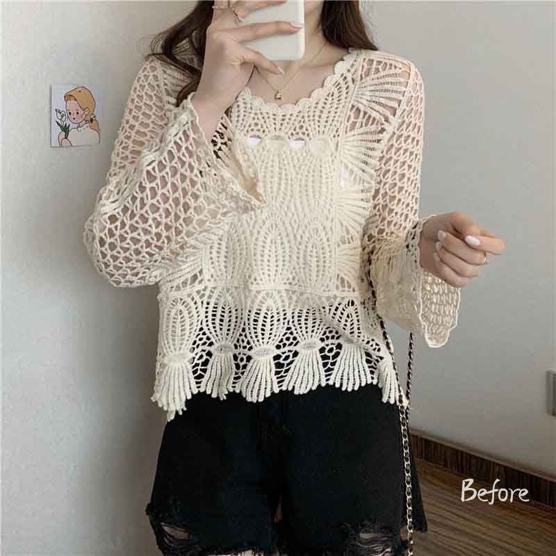Pakaian rajut tipis berongga atasan pendek rajutan leher bulat baju lengan panjang Retro wanita BF