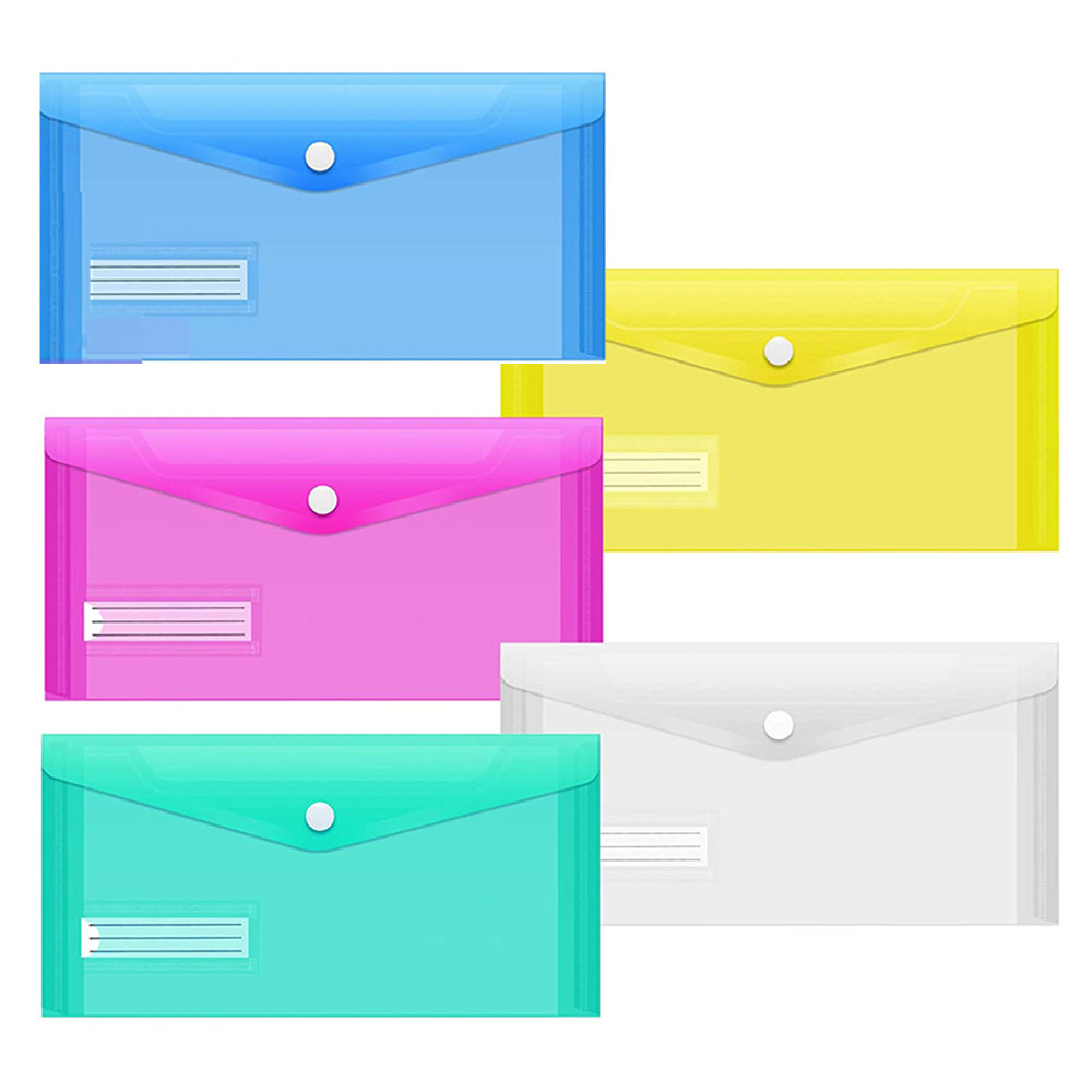 

5 Packs A6 Clear Envelopes File Folder Bill Bag Pencil Case with Label Pocket, A6 Envelope File Pouch for School Office Home Use