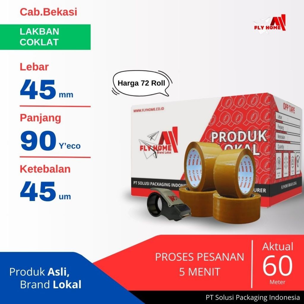 

FLYHOME 1Dus Lakban Coklat 45x90Y 2inchi Solasi Uk Besar 72Roll ECO 90 yard CARGO