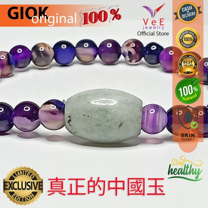 Gelang Tasbih 33 Batu Kecubung Ungu Amethyst 6mm Giok Hijau Burma Asli