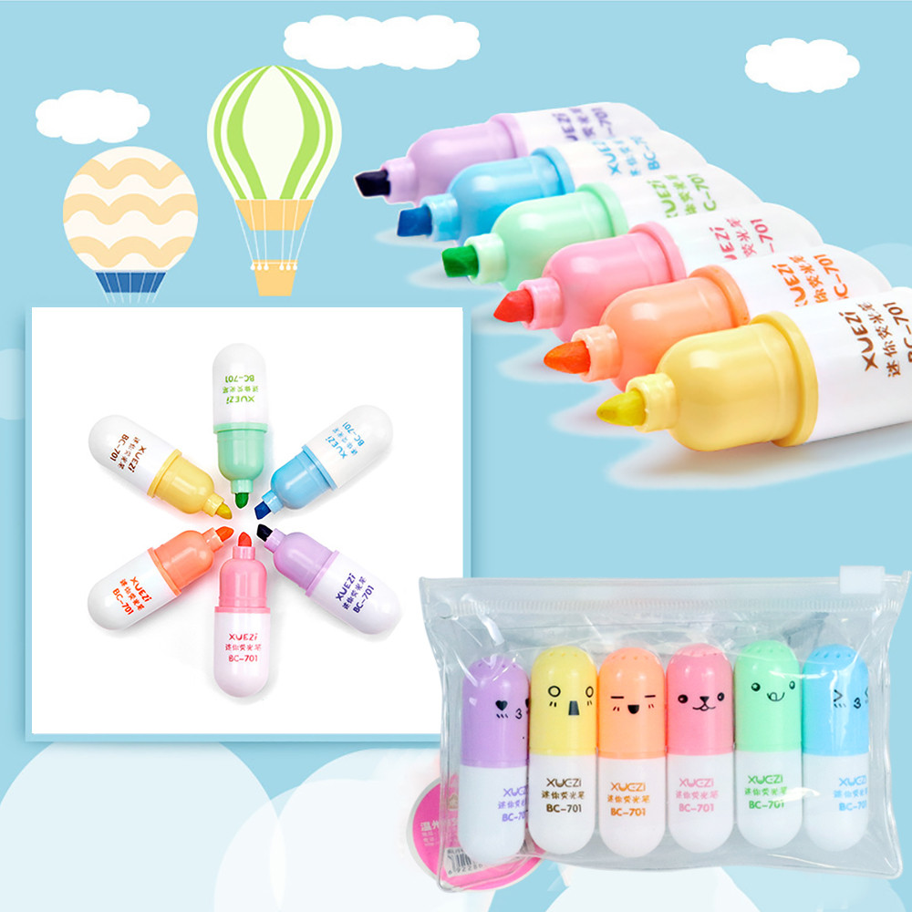 

6pcs /Pack Cute Pill Mini Highlighter Marker Drawing Pen School Office Supply Kids Student Stationery