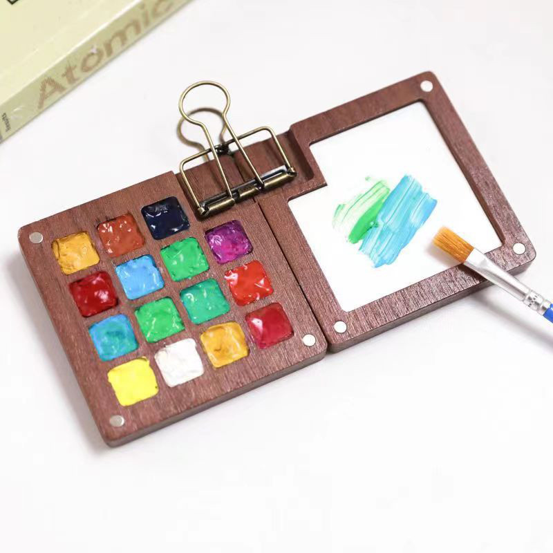 

1PC Creative Mini Paint Box Watercolour Paint Painting Outdoor Sketching Walnut Palette Convenient Foldable Palette Art Supplies