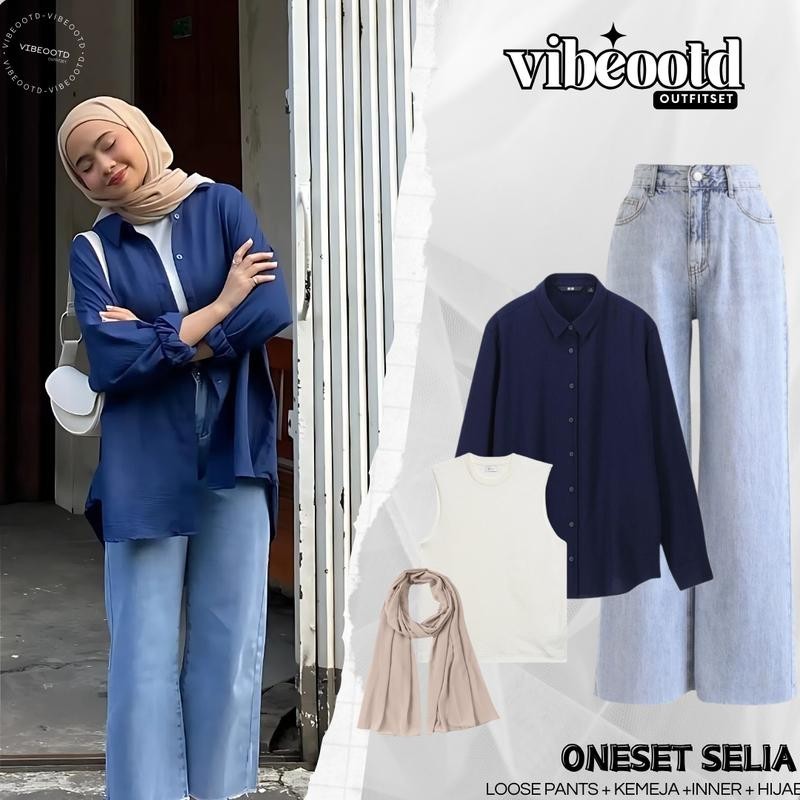 Selia Outfit Set Wanita Hijab ( Celana Kulot Jeans Panjang Tebal + Atasan Kemeja Kerah Kancing Basic