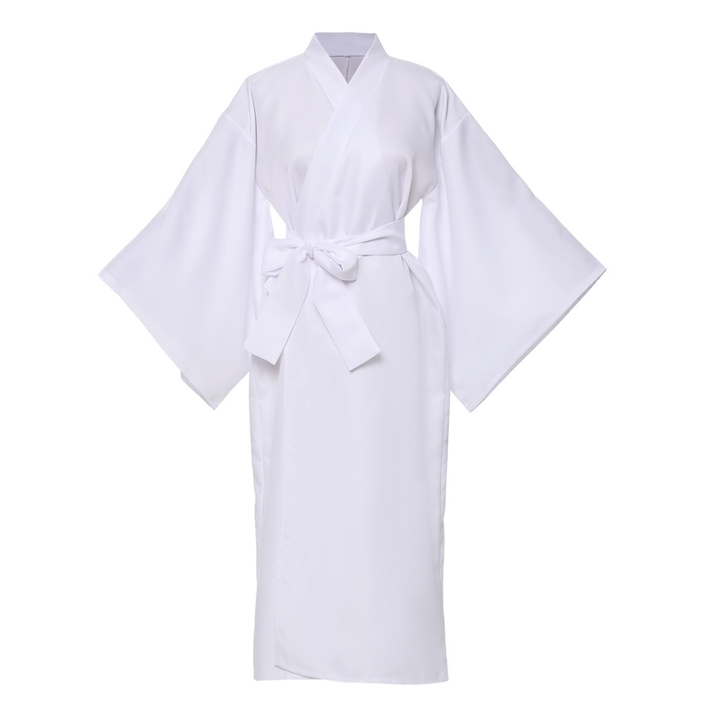 White Traditional Japanese Kimono with Belt Robe Length Sleeves Yukata Pajamas