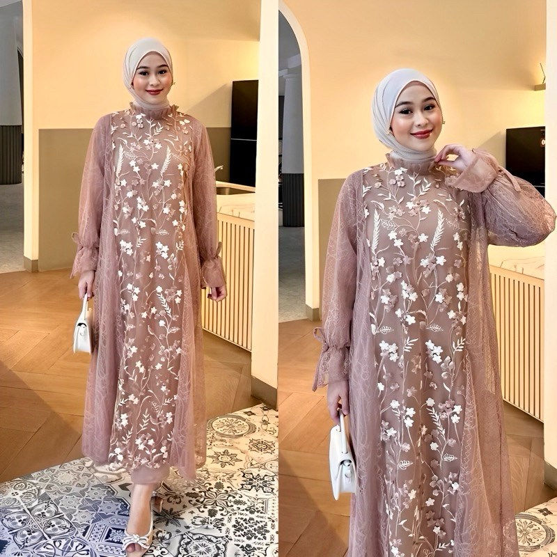 KAWULA Dress Tile Gardenia Kondangan Gamis Brokat Bordir Wanita Remaja Terbaru Baju Kondangan Wanita