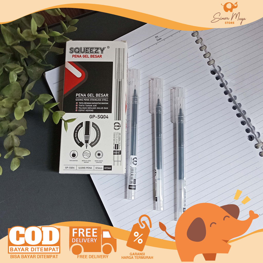 

SQUEEZY Gel Pen SQ04 Isi Gel Besar 0.5mm Black DIJUAL LUSINAN - Pulpen Gel Isi 12 Murah