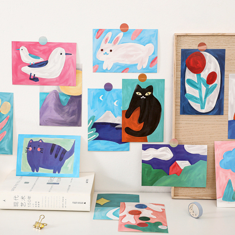 

Ins Flower Cartoon Animal Oil Painting Postcard 15 Sheets Colorful Decorative Card Diy Collocation Wall Sticker Greeting Cards