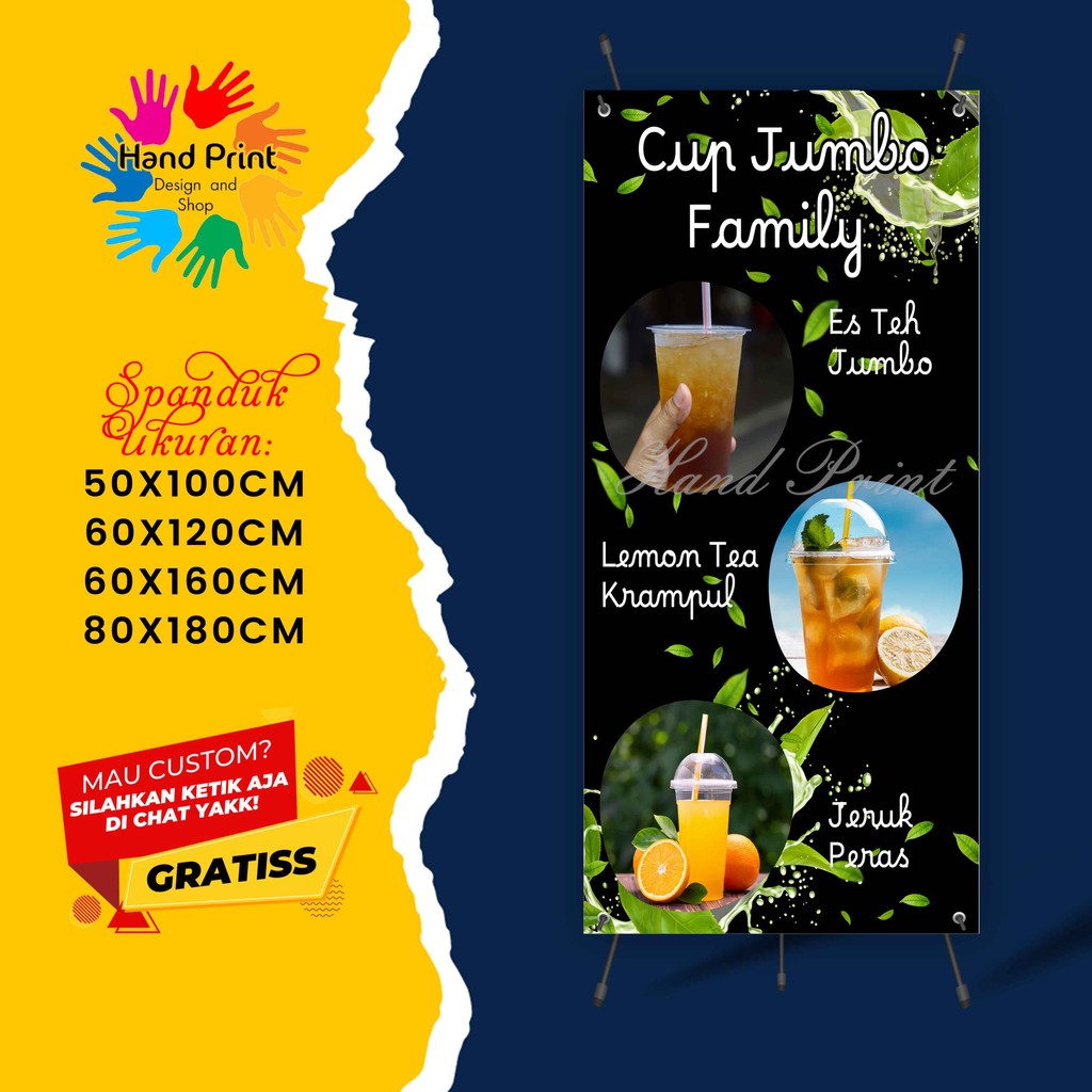 Cetak Spanduk Banner Es Teh Cup Jumbo Family, Jeruk Peras & Lemon Tea MMT Spanduk Custom 60x160