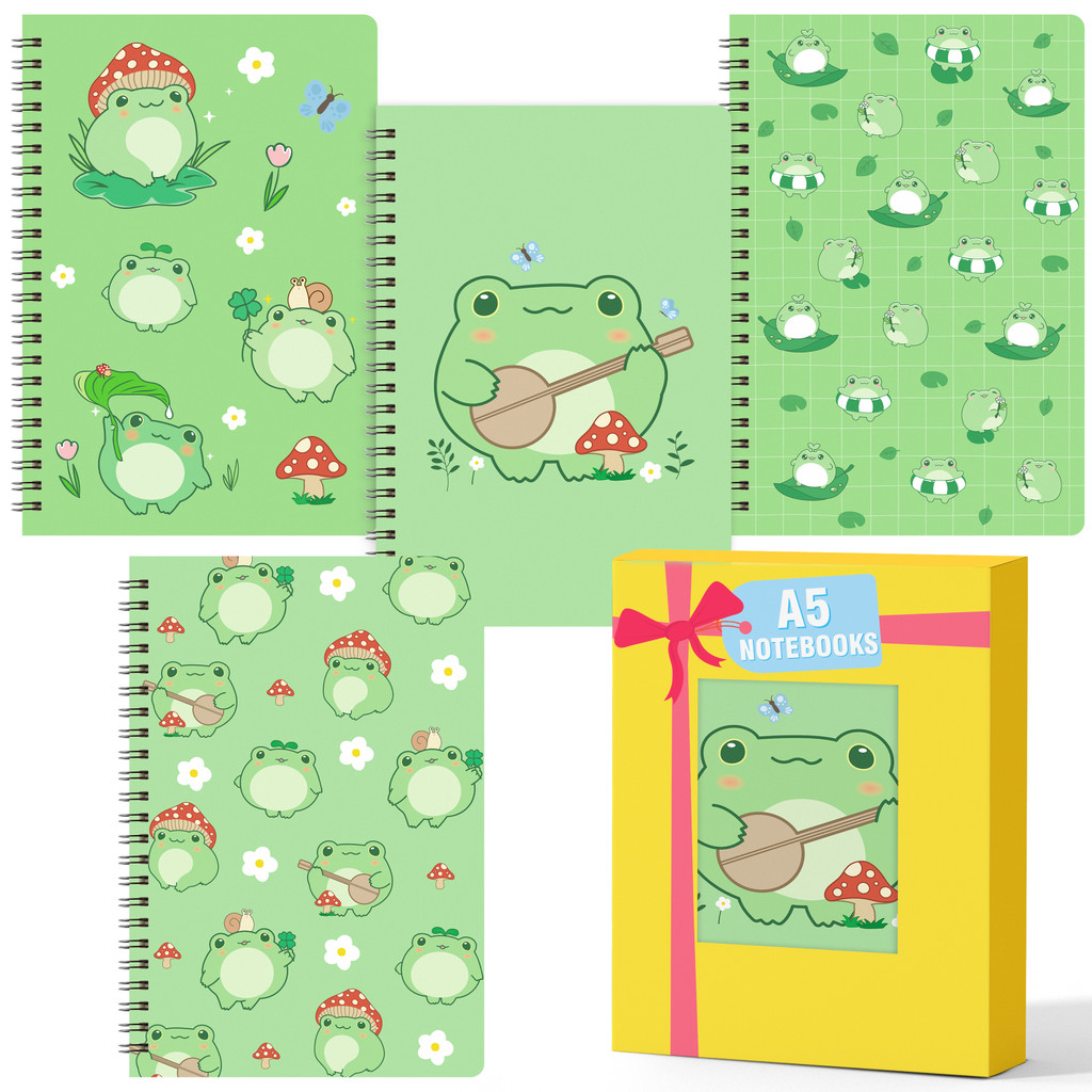 

Notebook 4-piece set A5 Gift box Stationery back-to-school gift Writing Notepad Green inner cover eye protection coil This frog