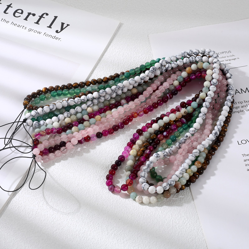 

Simple Long Style Mobile Phone Chain Natural Stone Turquoise Agate Round Beads Phone Hanging Cord Anti-Drop Cellphone Lanyard